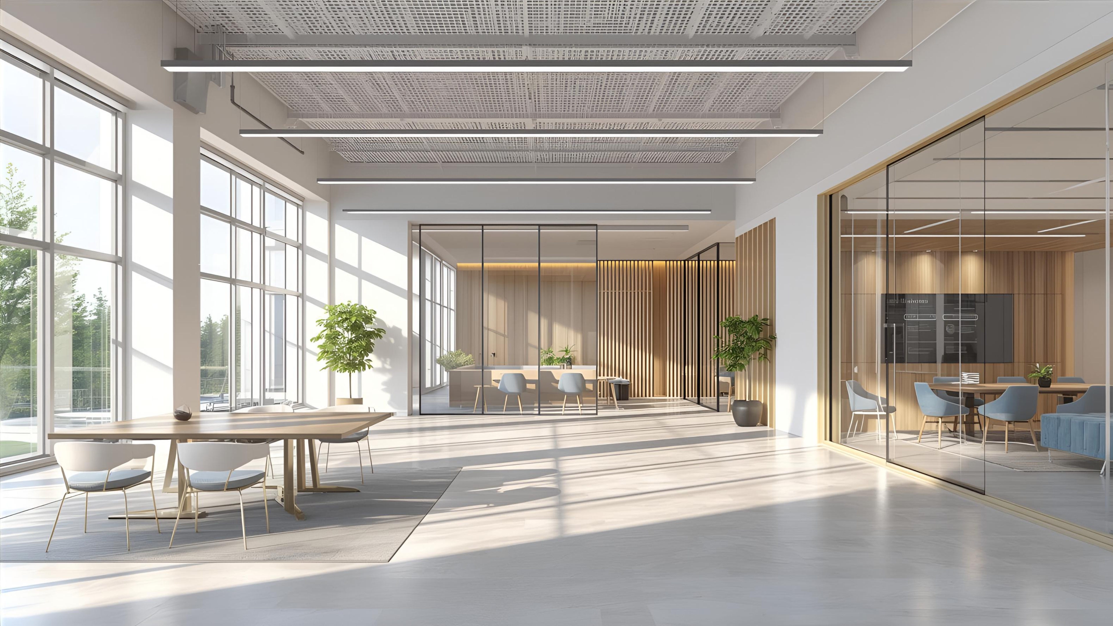 Modern corporate AV meeting environments featuring a bright conference room, sleek boardroom, collaborative meeting area, and cozy huddle space with natural lighting and glass interiors.
