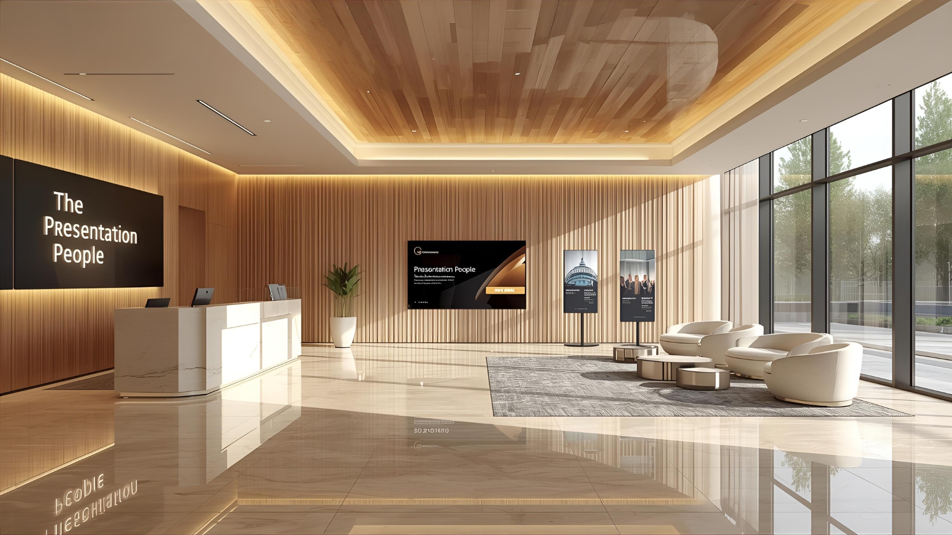 Reception lobby with digital signage and ambient audio