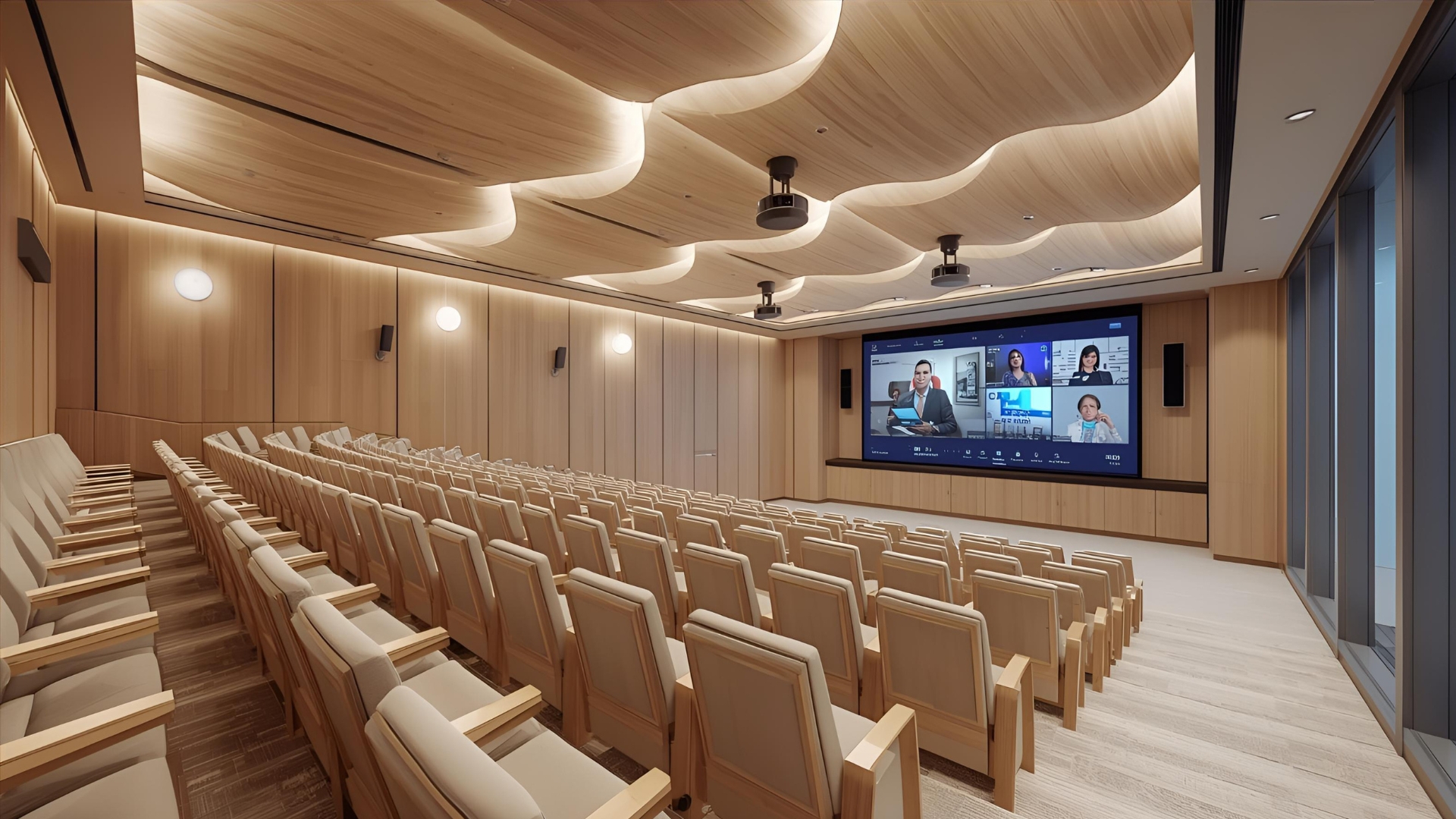 Town hall space with stage lighting and multiple cameras