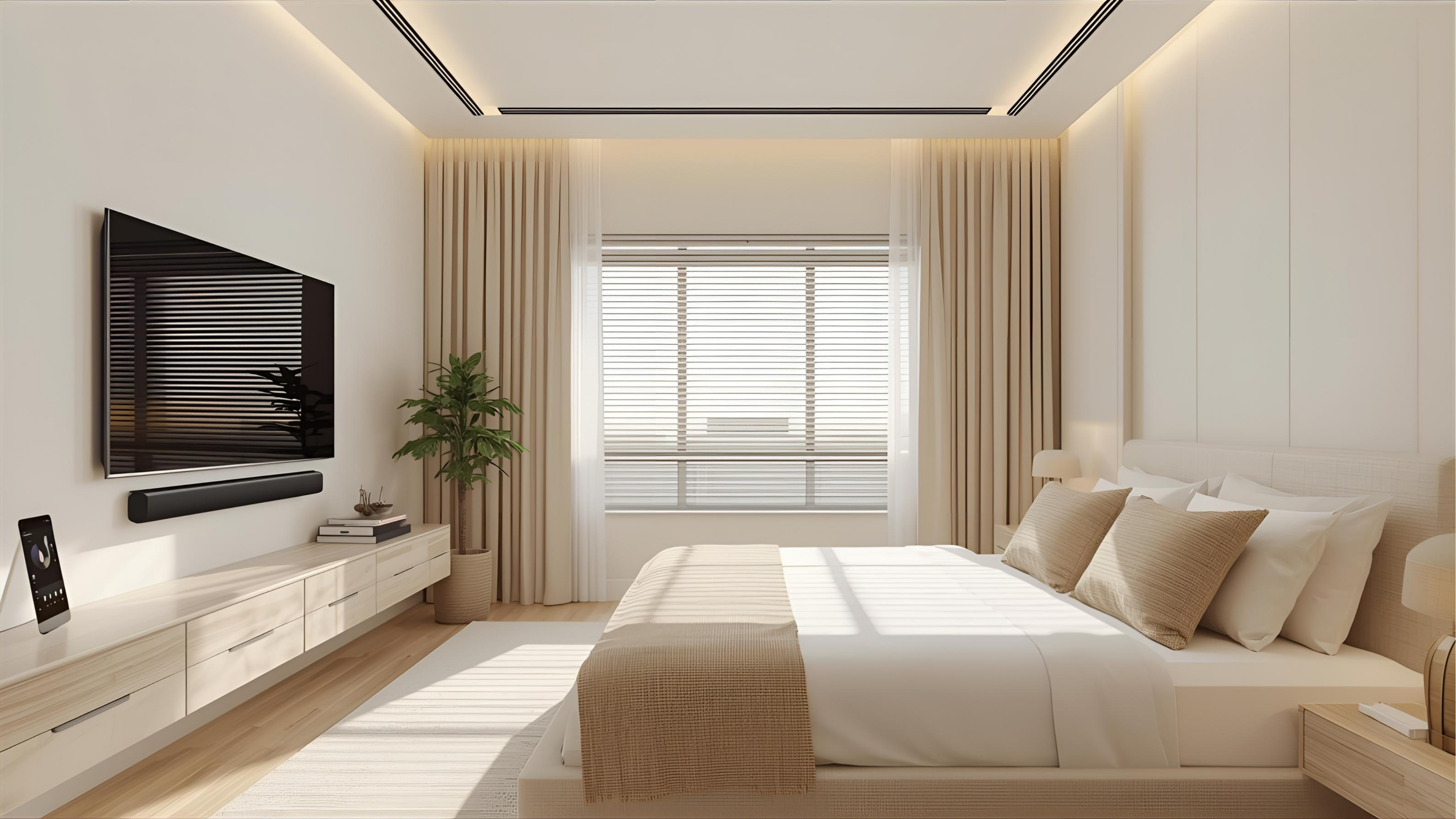 Smart bedroom with automated lighting, concealed TV lift, and voice control