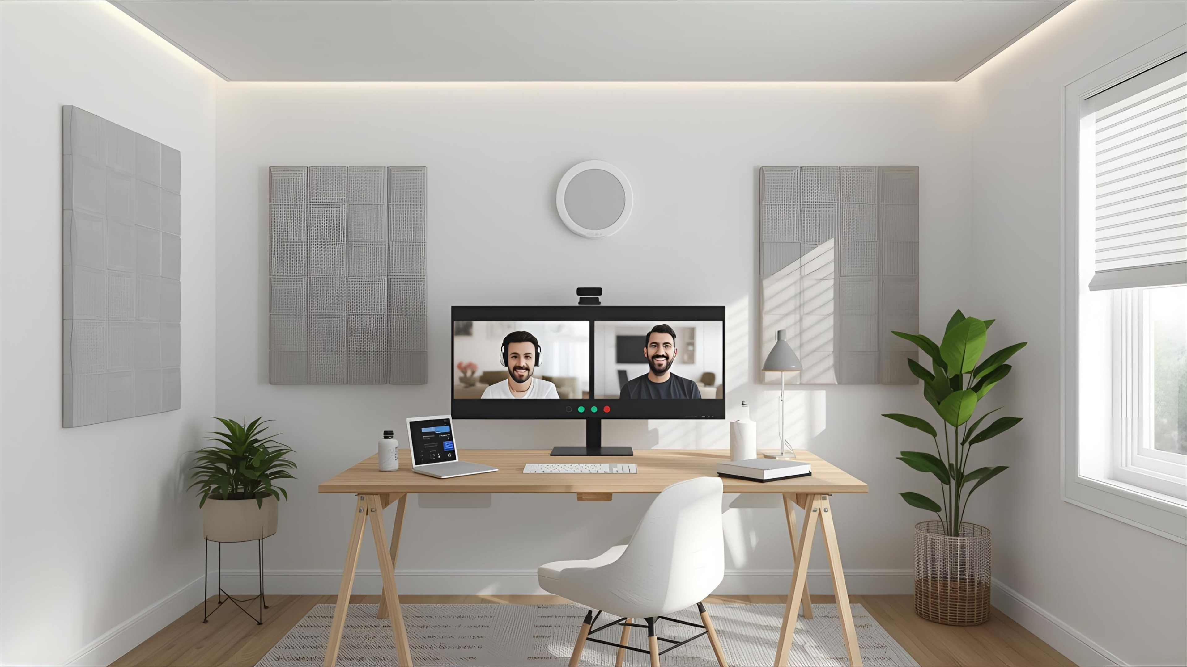 Home office with integrated video conferencing, lighting, and acoustics