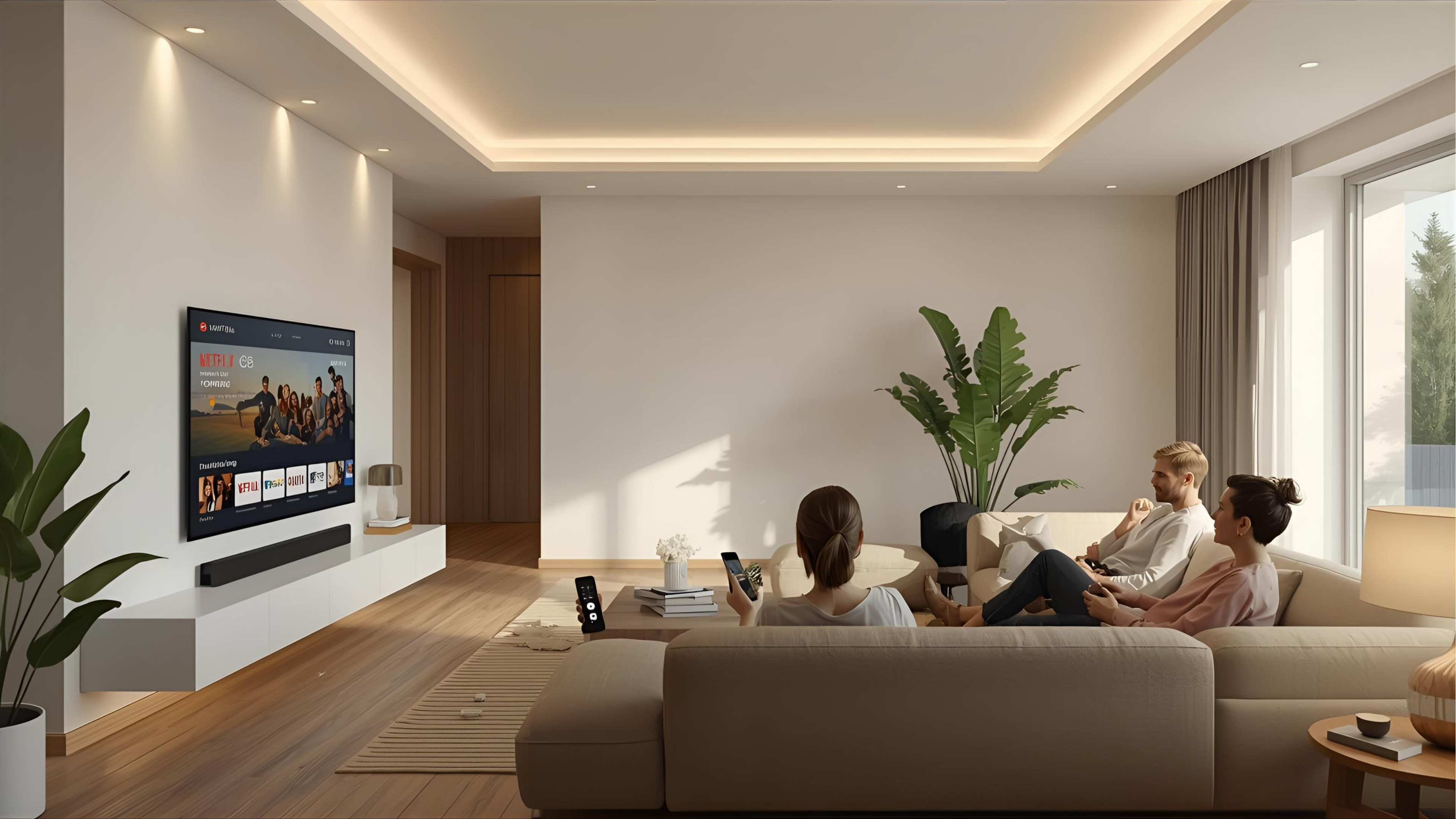 Modern living room with smart lighting, soundbar, and connected TV