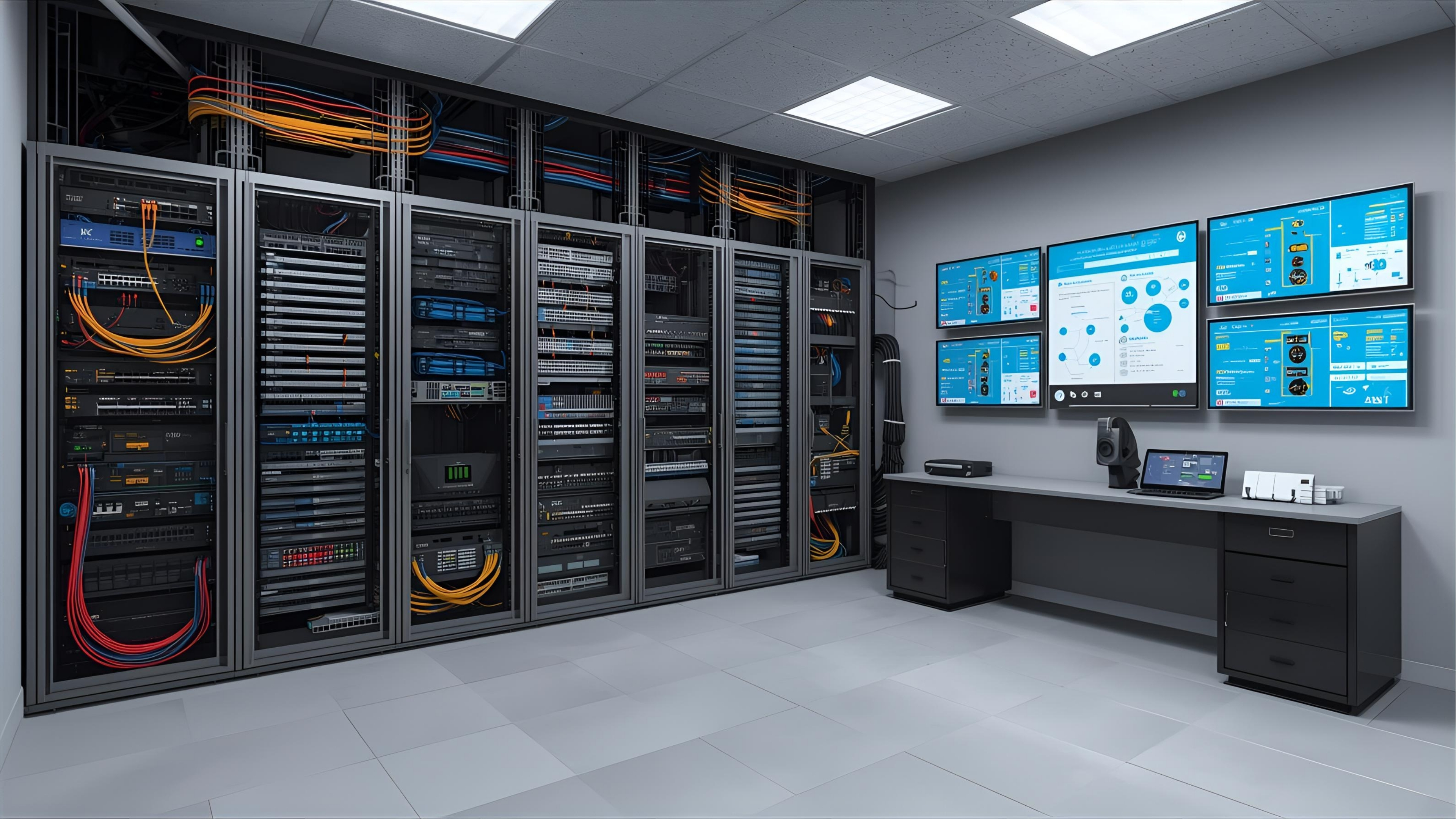 AV rack room with automation controller, network, and power backup